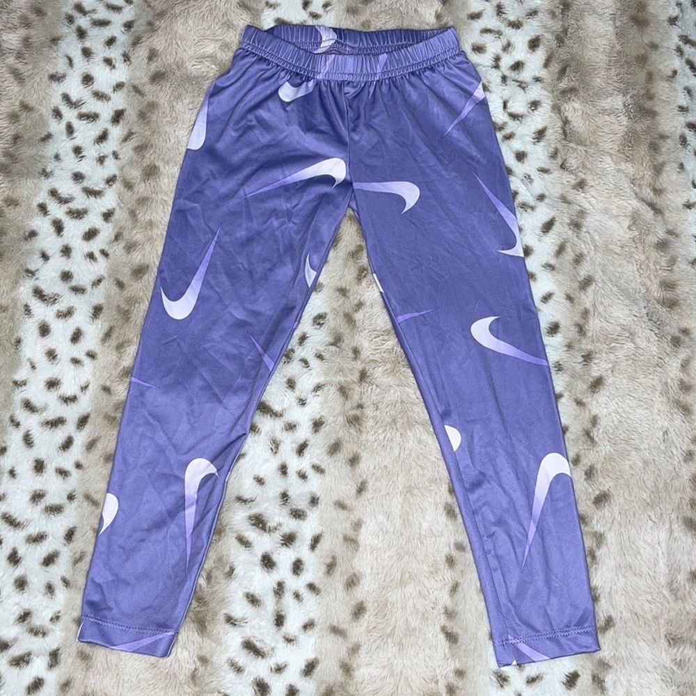 Nike Girls Purple Allover Swoosh Print Dri-FIT Leggings Size 5-6